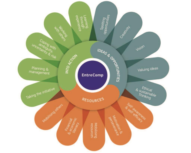 The Entrecomp Flower showing 3 Activity Areas and 15 Entrepreneurial Competencies